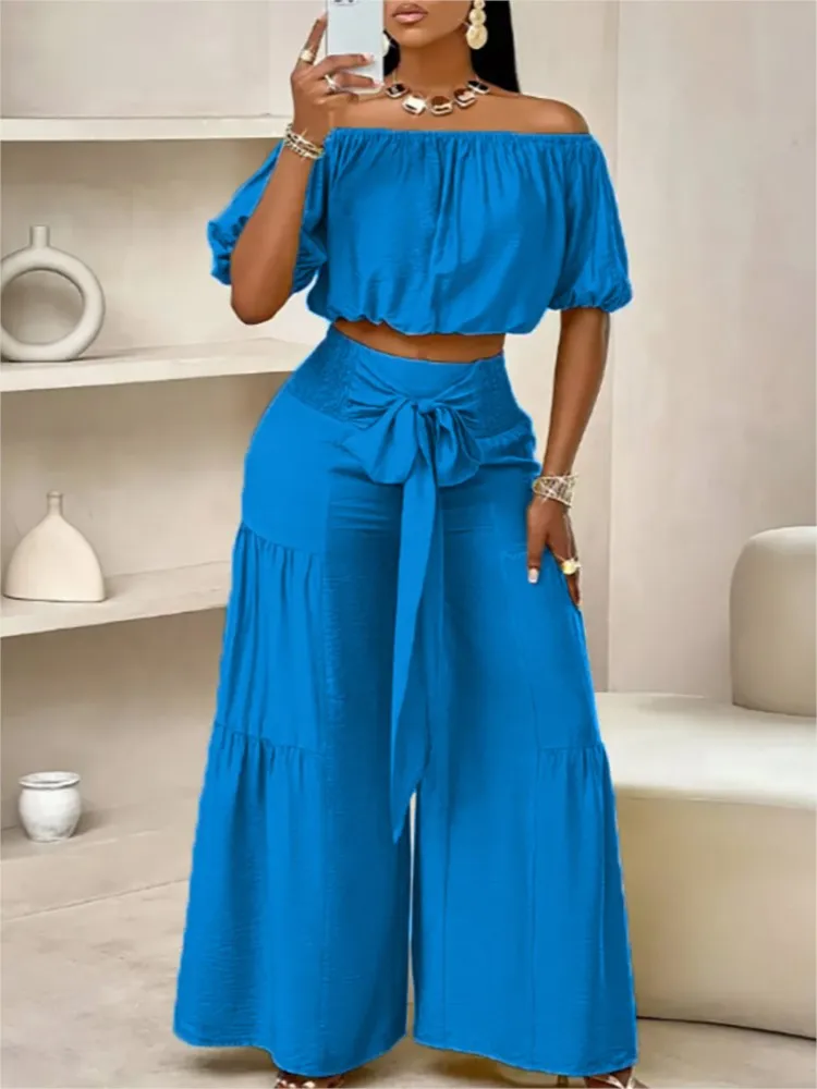 

Women's Casual Short Sleeve Top + Wide Leg Pants Suit Fashion Streetwear Tie Up Outfit New Summer Solid Loose Two Piece Sets