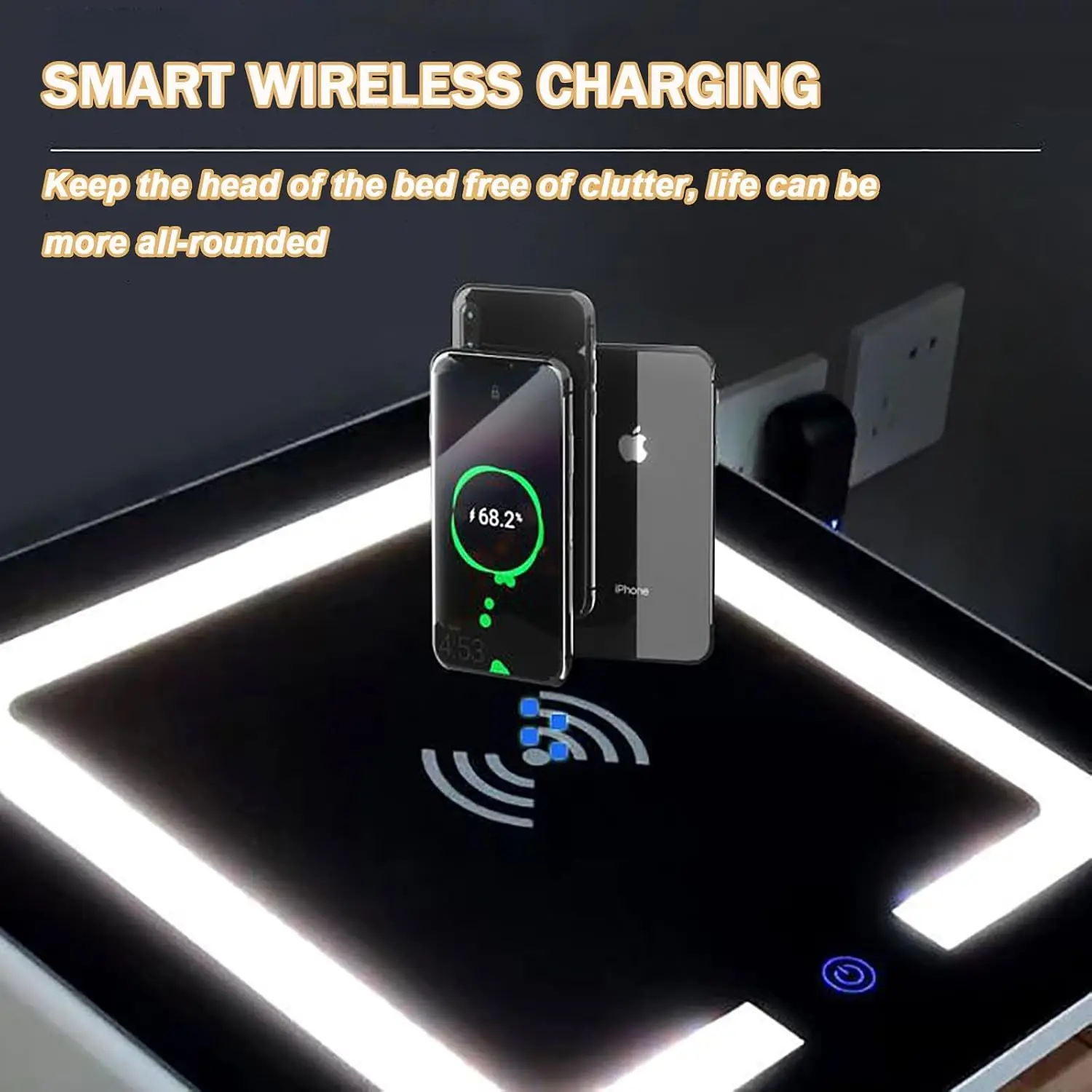 Nightstand Fingerprint Lock Speaker Wireless Charging USB 3 Drawers LED Light Bedside Table Bedroom W 19.7in, Customized