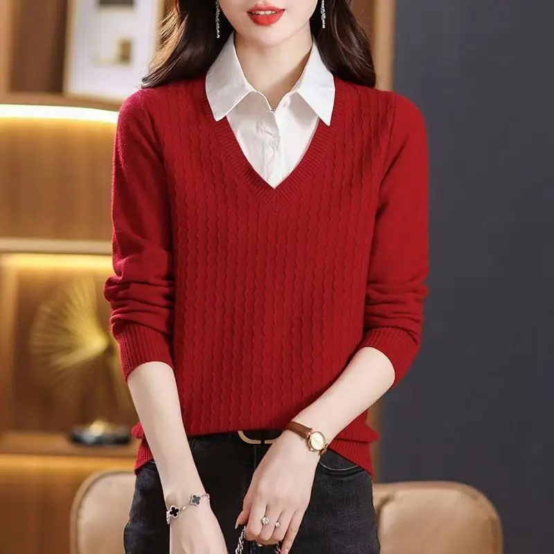 

Fake Two-piece Knitted Top Spring Autumn Fashionable Base Shirt New Women's Shirt Collar Sweater