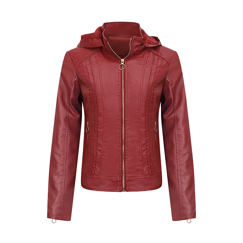 Maidangdi women\'s leather jacket plush leather jacket with hat slim fit leather jacket large size fashionable