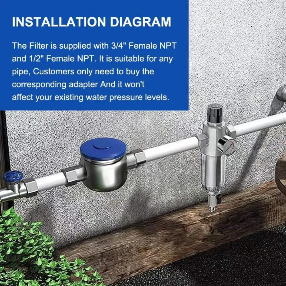 Adjustable water pressure Backwash Spin Down Sediment Water Filter, Top Pressure Gauge, Reusable and Flushable 40-Micron