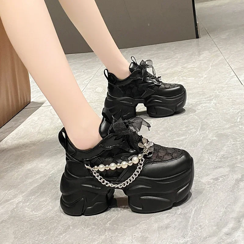 New 2023 Fashion Breathable Platform Sneakers Women\'s Summer 7CM Lace Mesh Outdoor Sports Dad Shoes Woman Zapatillas De Mujer