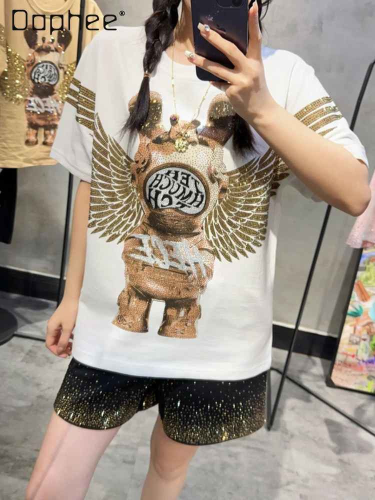 Fashion Brand Rhinestone Wings Space Rabbit Short-Sleeve T-shirt Women 2024 Spring Summer Casual Round Neck Cartoon White Top