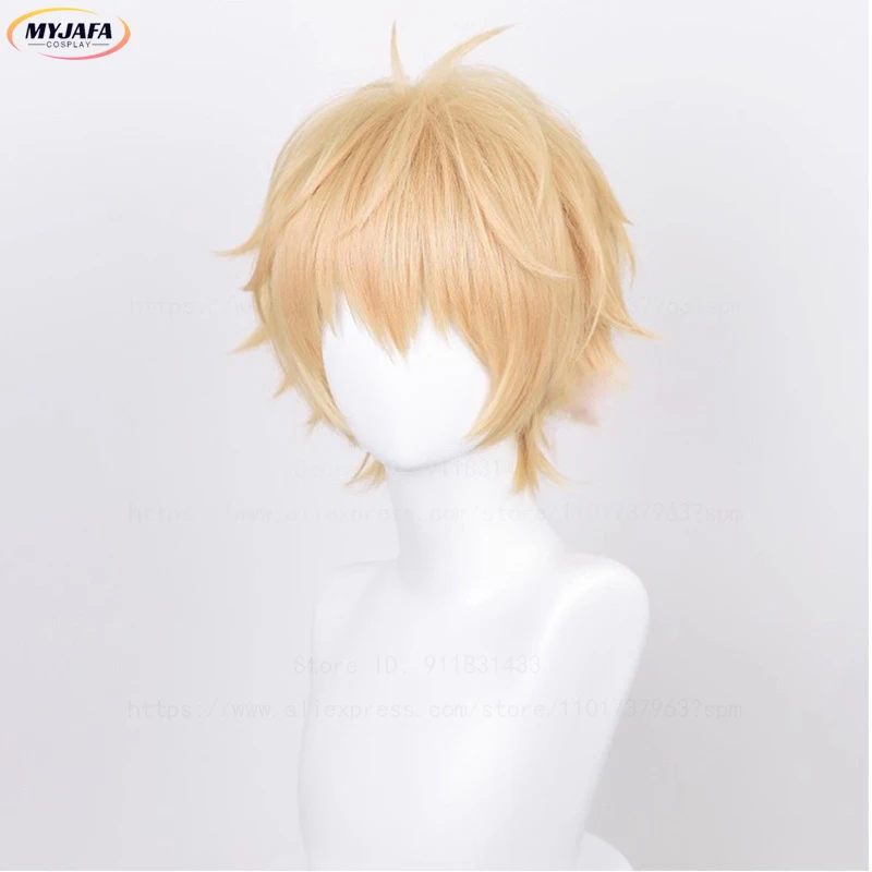 عالية الجودة Denji شعر مستعار تأثيري قصير أشقر مقاومة للحرارة الشعر الاصطناعية هالوين أنيمي تأثيري الباروكات + غطاء شعر مستعار #4