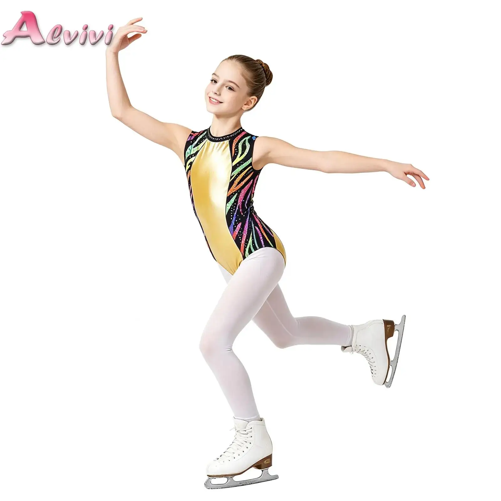 

Kids Girls Printed Bodysuit Ballet Dancewear Figure Skating Costume Sparkly Rhinestone Gymnastics Leotard Sleeveless Jumpsuit
