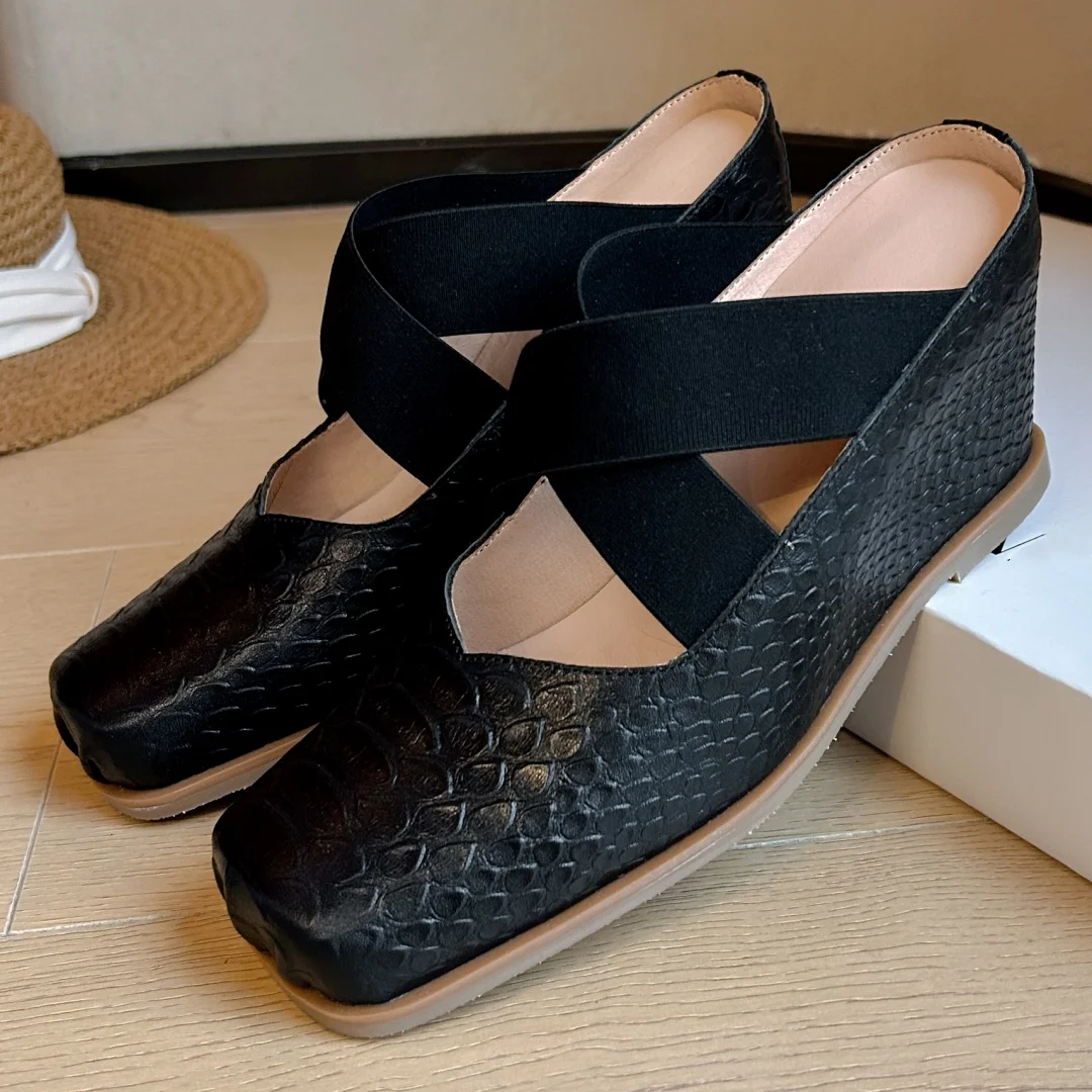 Women's genuine leather snake pattern square toe slip-on summer mules wedge high heel elastic band cross strap heeled sandals