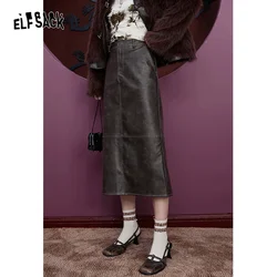 ELFSACK Mid-length Brown PU Skirt Women 2023 Winter High Waist Straight Bottom