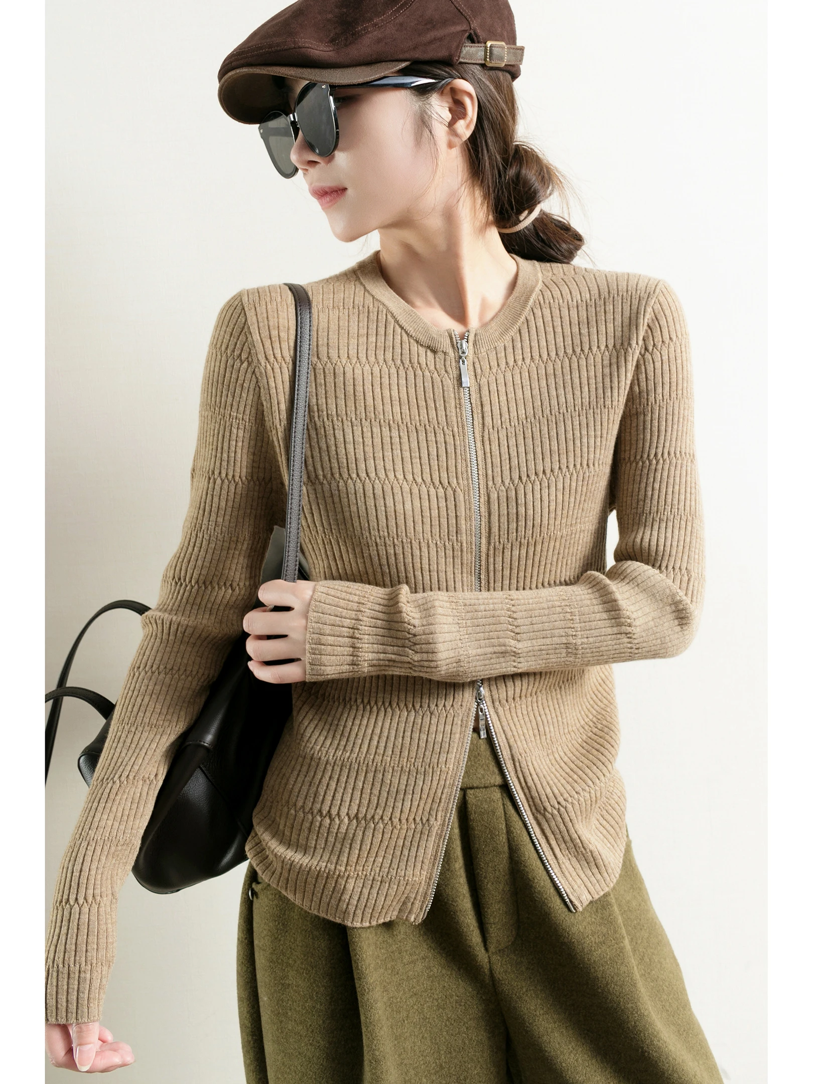 

Женский мягкий вязаный кардиган TidePA German Yangzhi из 100% шерсти, цвет хаки, с двойной молнией, длинный рукав, для повседневной носки