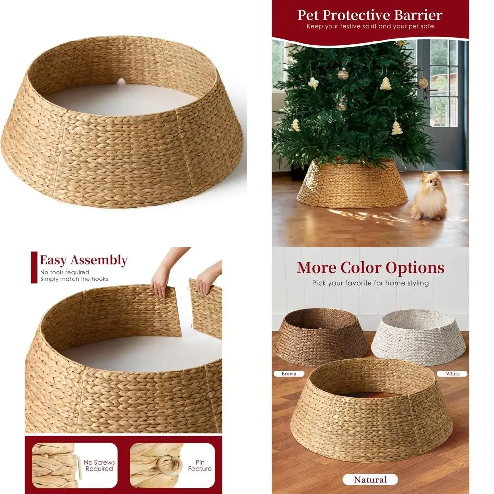 

Large 42in Christmas Tree Skirt - Natural Rattan Woven for 9-12ft Artificial Trees with Cord Opening