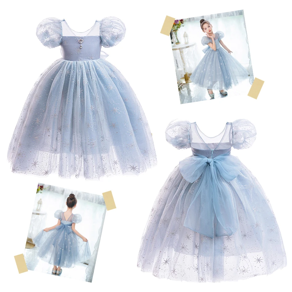 Elsa Princess Costume Girl Summer Knee-length Dress Children Short Sleeve Breathable Mesh Gown for Formal Party Birthday Gifts