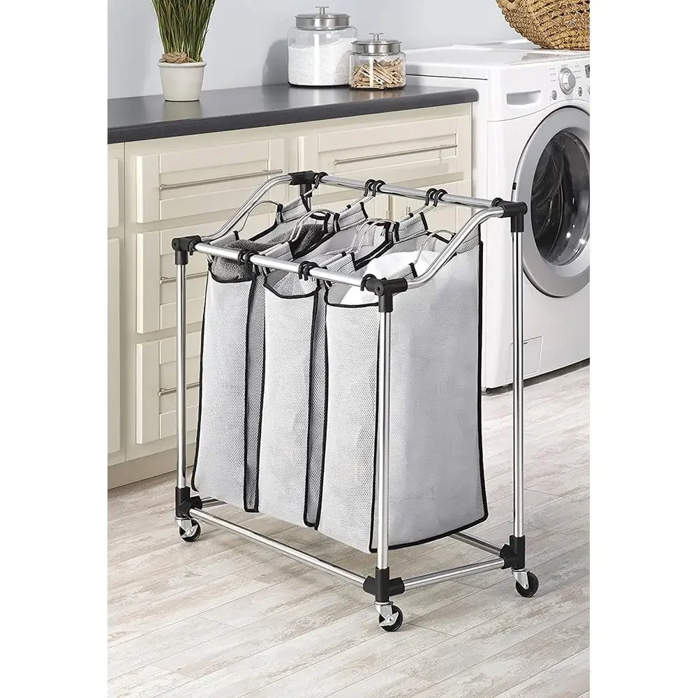 Metal Rolling Laundry Sorter Organizer with Removable Bags Chrome Gray Easy Assembly Sturdy Wheels 3-Section Clothes Sorting