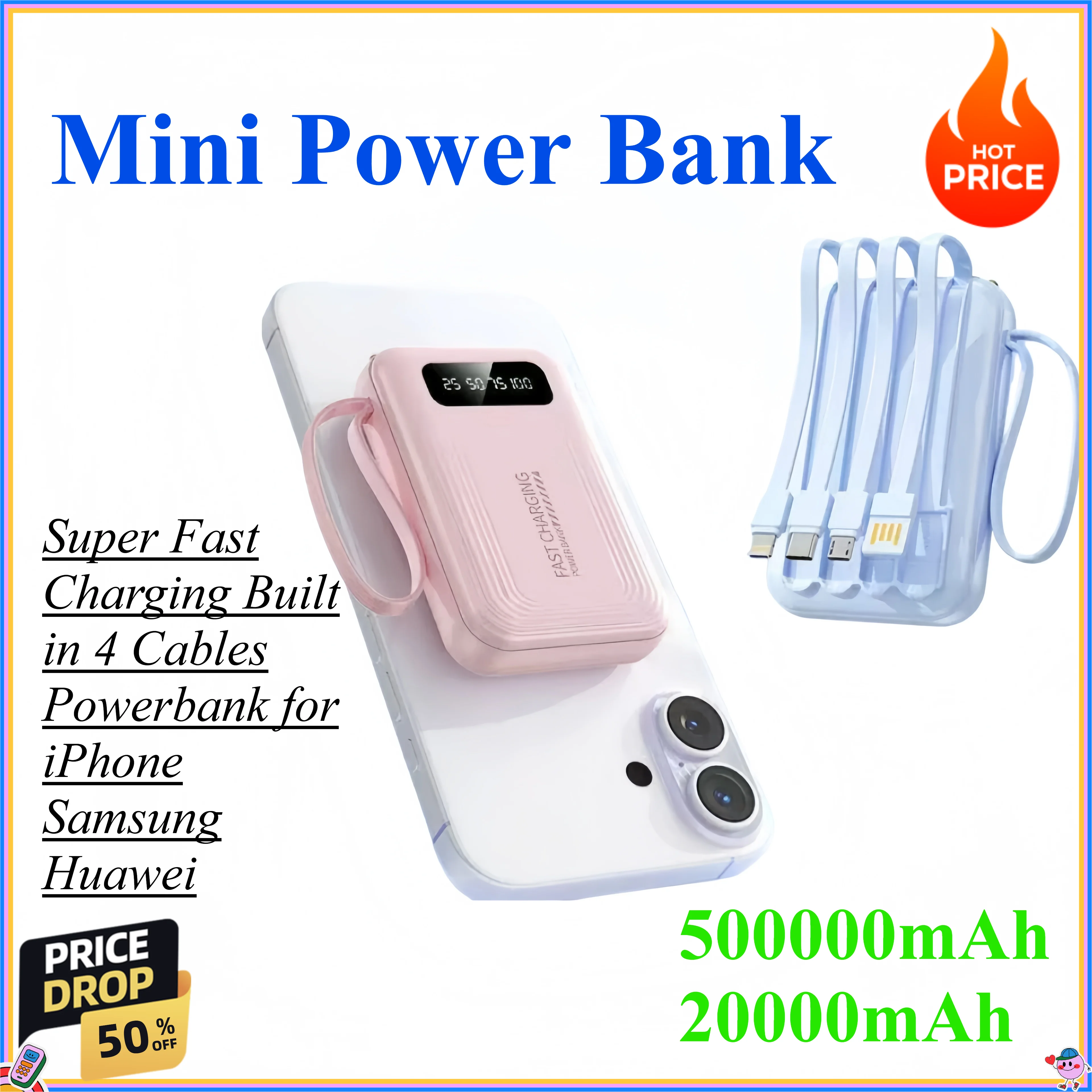500000mAh 20000mAh Mini Power Bank Super Fast Charging Built in 4 Cables Digital Display Powerbank for iPhone Samsung Huawei