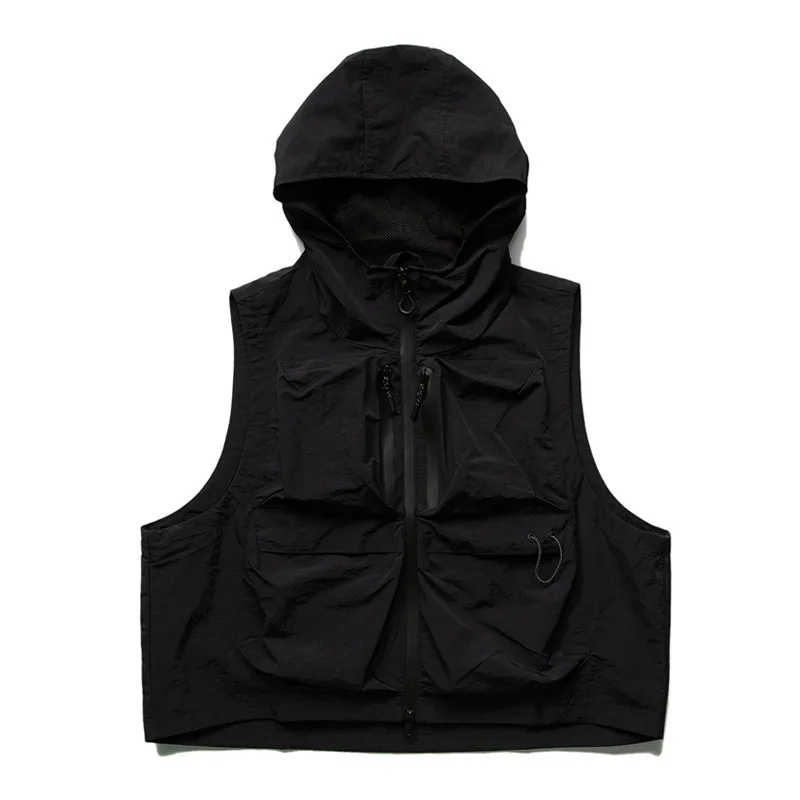 Outdoor Mountain Camo Functional Multi-Pocket Cargo Hooded Vest for Men and Women Loose Layered Short Sleeveless Jacket Trendy