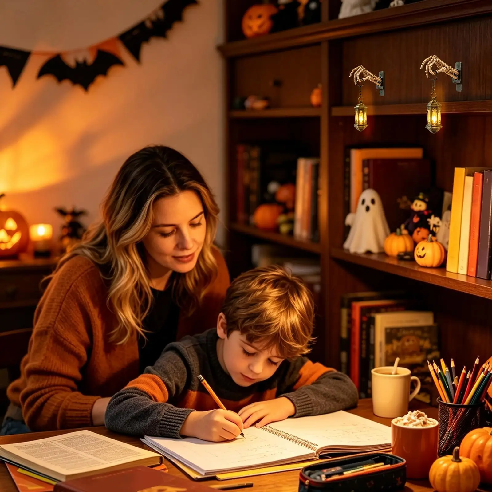 Bookshelf Street Lamp Halloween Skeleton Hand Vintage Resin Decor Library Lantern Decor For Study Home Desktop School Living