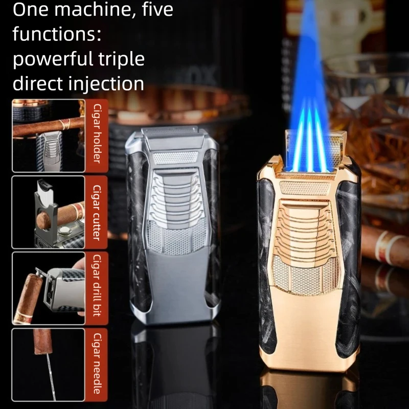 ولاعة سيجار إبداعية متعددة الوظائف خمسة في واحد، أداة ولاعة سجائر معدنية مقاومة للرياح وثلاثة حرائق مباشرة، هدية للرجال