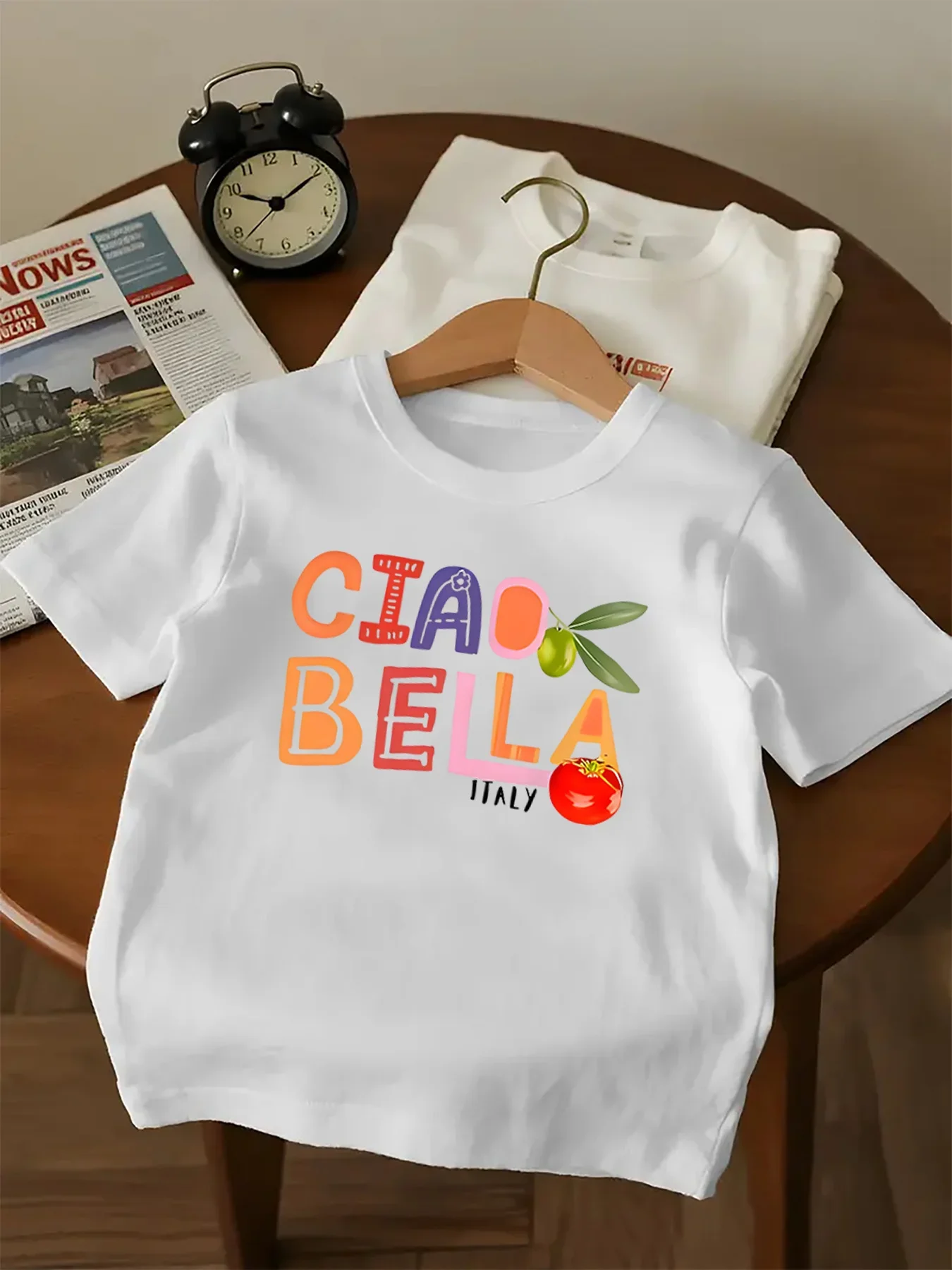 Kids Short Sleeve T Shirt Ciao Bella Italy Colorful Letter Olive And Tomato Print Crew Neck Boy Girl Casual Summer Daily Tee Top