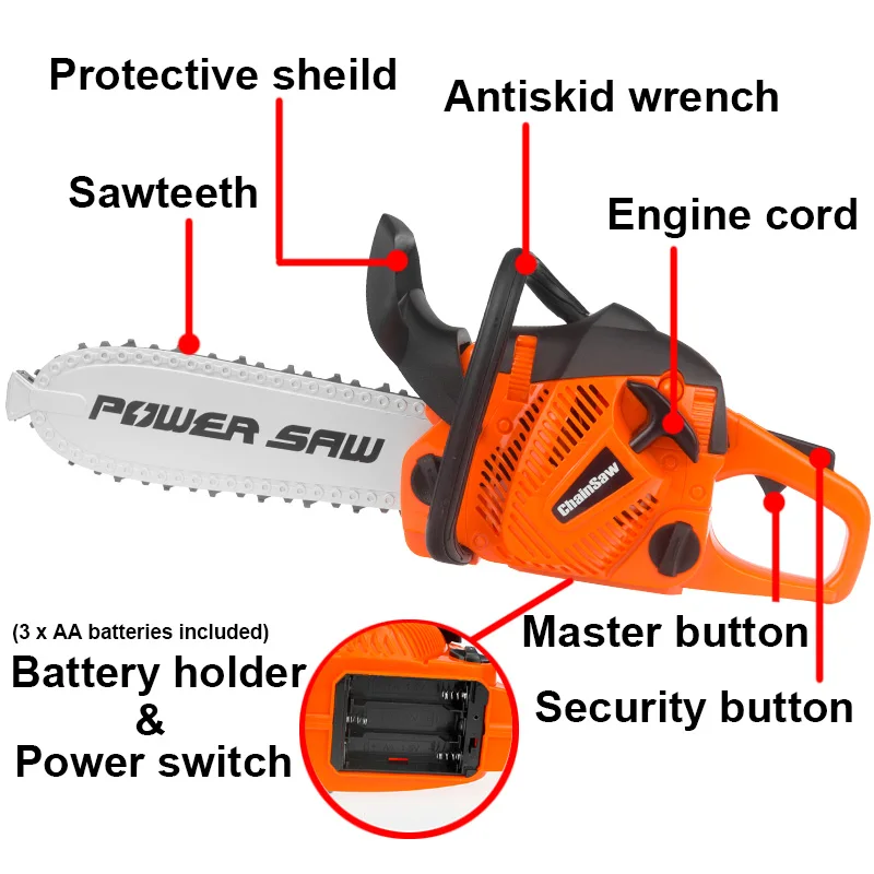 Motosierra de juguete para niños, herramientas de juguete para niños, herramientas, motosierras eléctricas para banco de herramientas, regalo para niños, sierra para juego de imitación con sonido