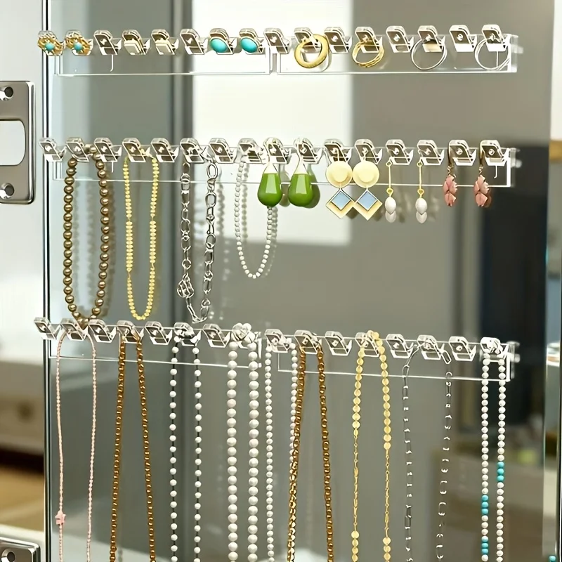 Plastic Wall Jewelry Organizer Set (9Pcs)–8 Hooks for Necklaces,Bracelets,Earrings & Rings,Durable&Space-Saving for Small Spaces