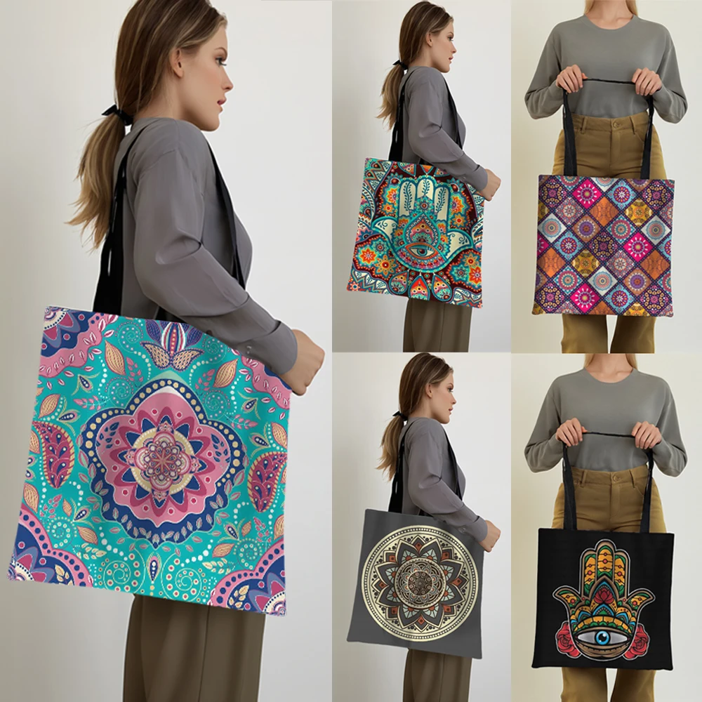 

Mandala Flower/Hand of Fatima Shopping Bag Women Canvas Tote Bag Large Capacity Groceries Bag Ladies Reuseable Shopper Bags