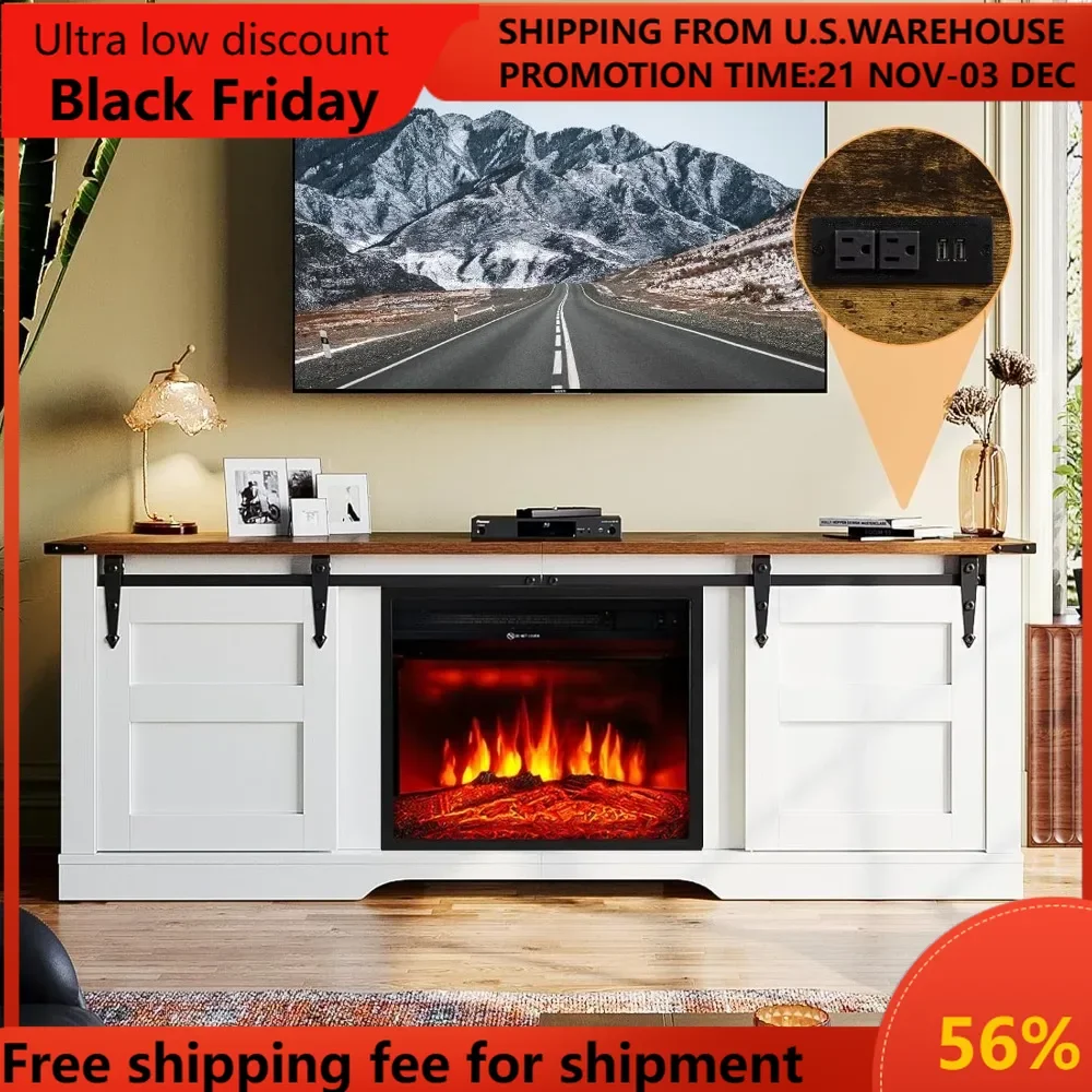 Farmhouse Fireplace TV Stand with 18” Electric Fireplace, 58” TV Console Stand for TVs Up to 65