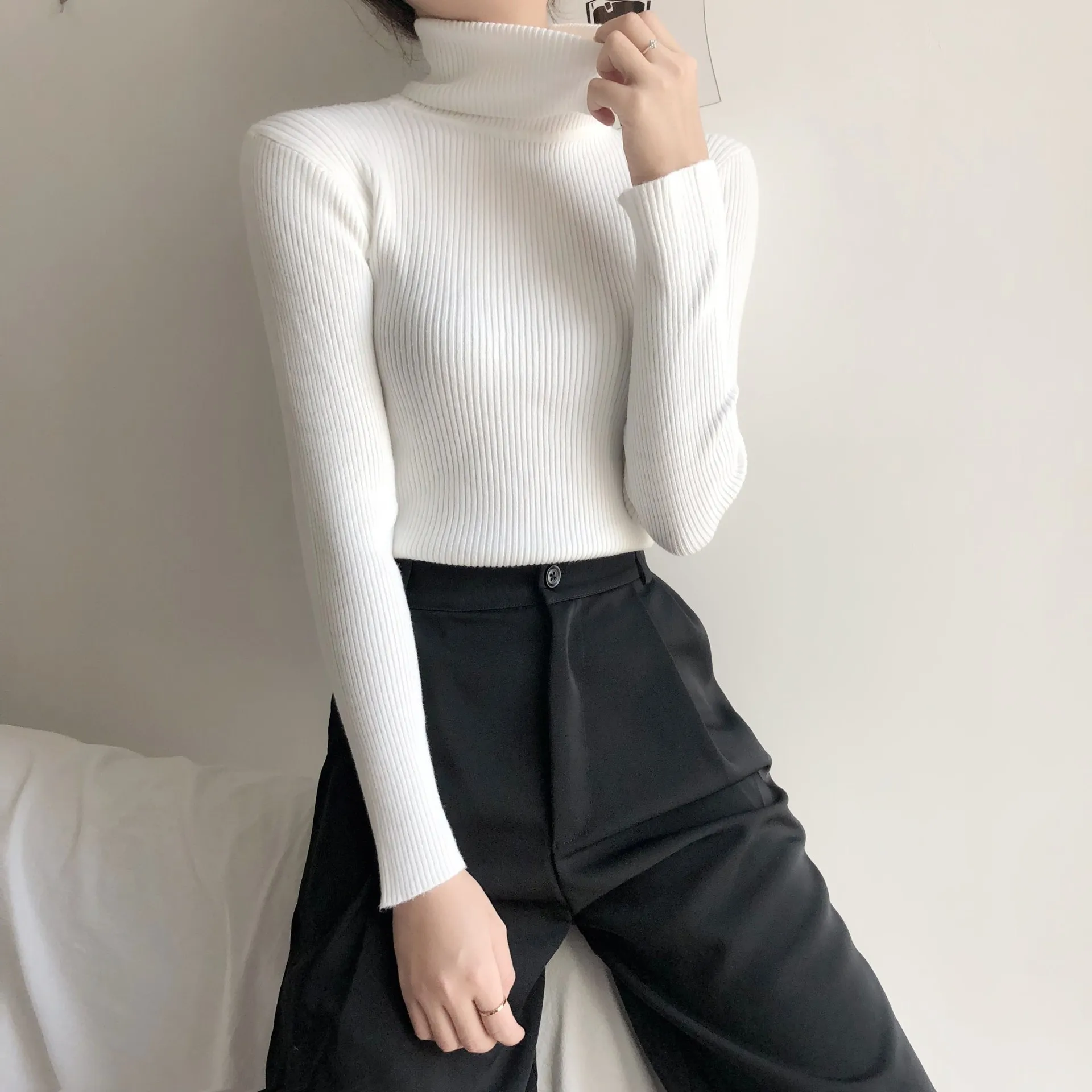 New Ins High Neck Sweater einfarbig Langarm Top Slim Strick pullover trend ige Base Shirt Damenmode