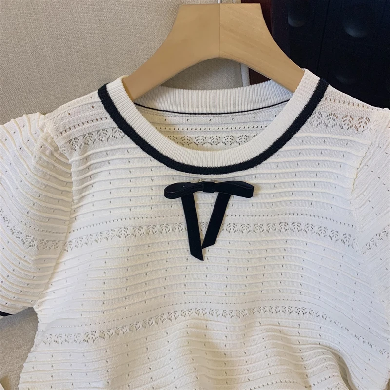 Summer Elegant Knit Sweater T-shirt Women 2024 New Fashion Stylish Chic Ladies Tees Tops Short Sleeve O-neck Korean Knitwear