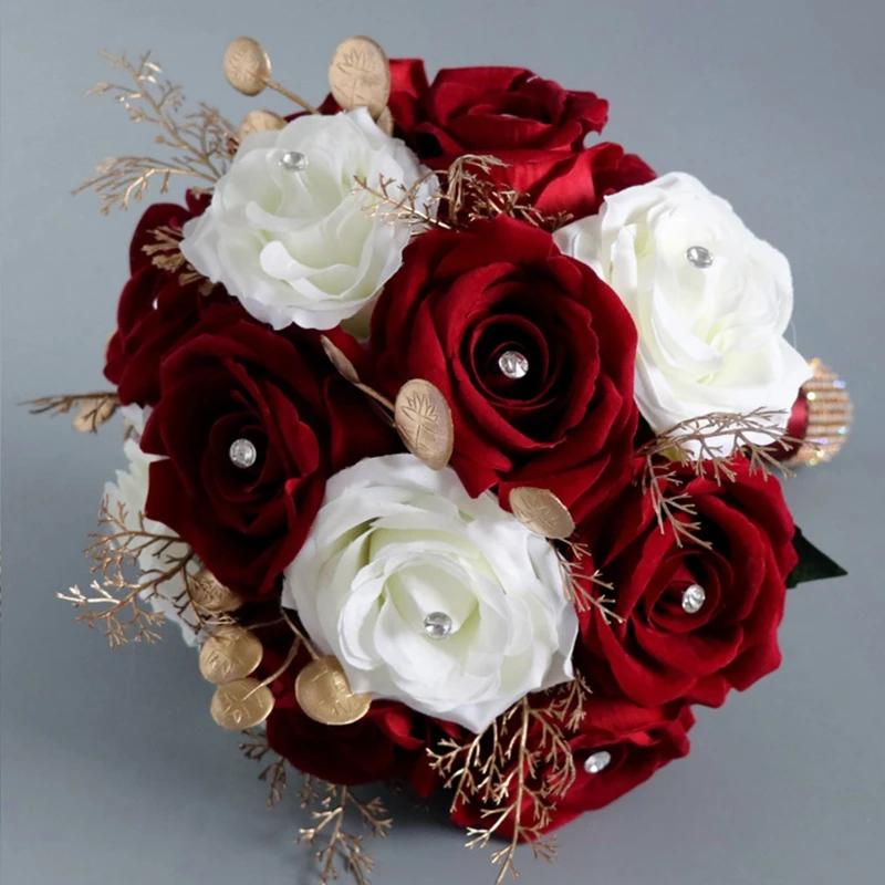KX4B Casamento Romântico Buquê Flores Artificial Branco Vinho Vermelho Flores Adereços