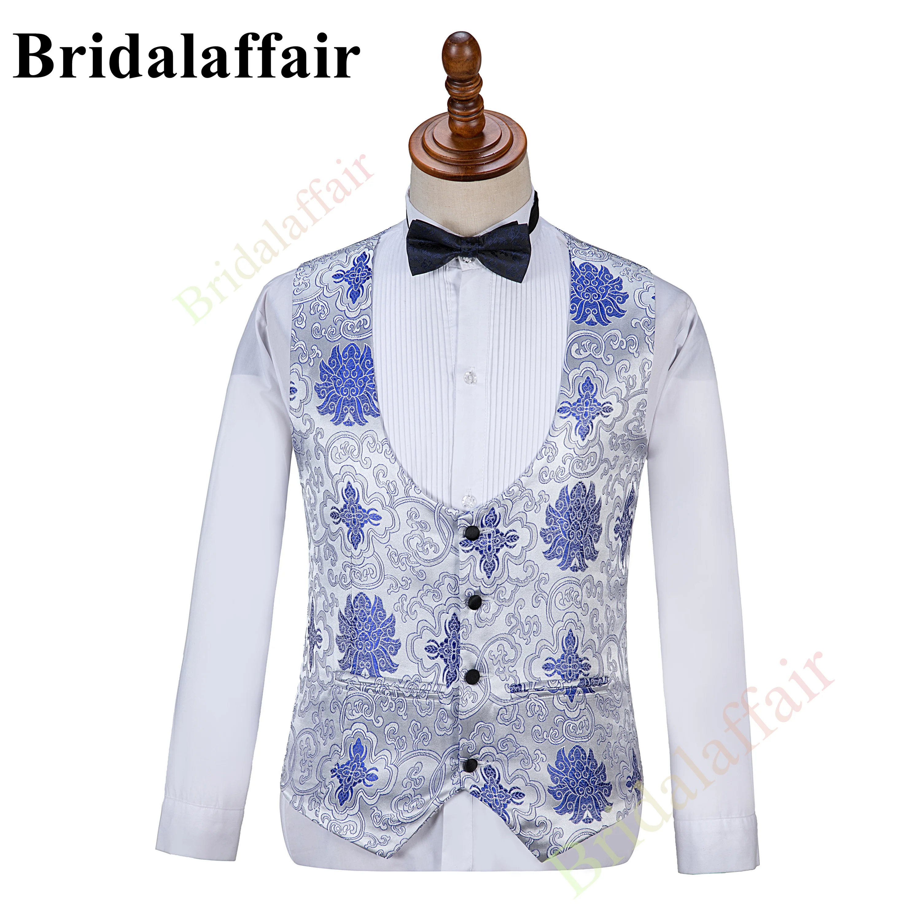 Bridaldiary-terno prata para homens, terno de 3 partes, slim fit, estampado floral azul, para casamento, jaqueta blazer, colete, calças, traje