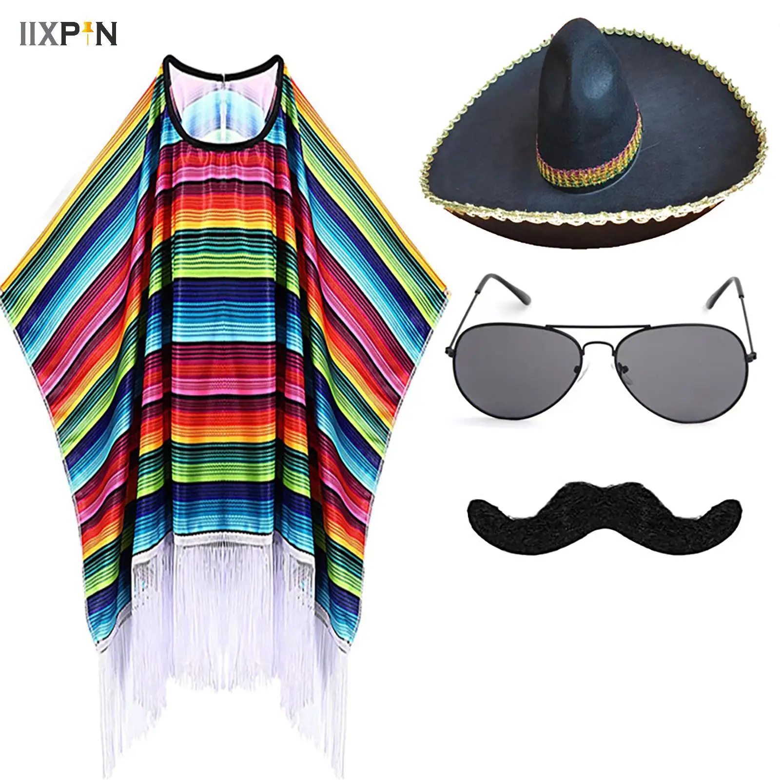 Kid Adult Mexican Costume Colorful Cloak Poncho Sombrero Hat Sunglasses Mustache Set for Mexican Fiesta Halloween Carnival Party