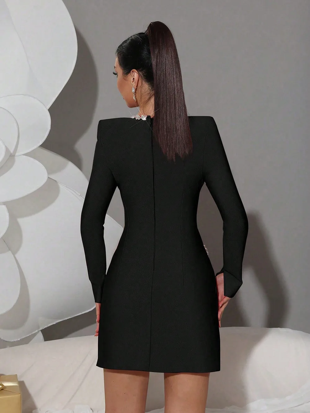 秋のヨーロッパ風アメリカンスクエアネック長袖ラインストーン装飾スリムフィットショートドレス包帯女性服ropa mujer