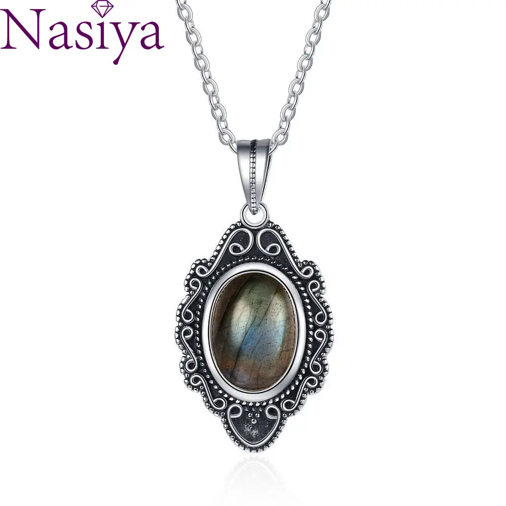 

Natural Labradorite Pendant Necklace Silver Retro Moonstone Jewelry for Women Party Valentine Day Gift with Chain