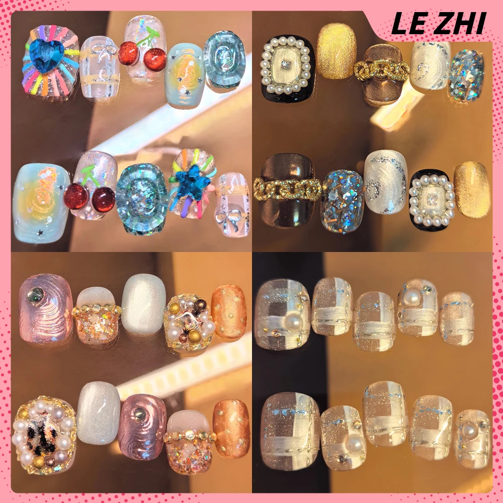 

Vintage Colorful Cat Eyes Sequins Handmade Short Square Ellipse Press On Nails Flower Diamond Pearl Bowknot Nail Party Stickers