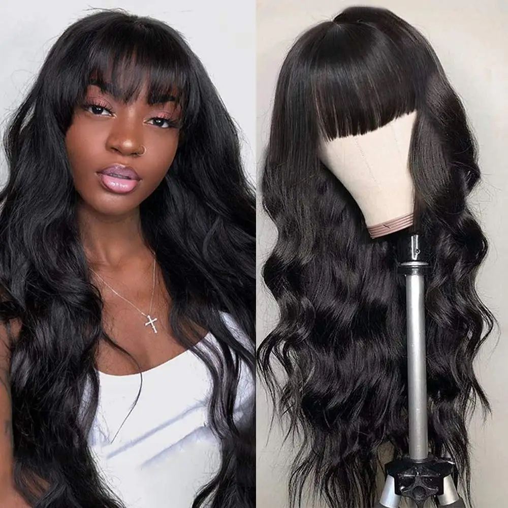 Perucas de onda do corpo com Franja para Mulheres Negras, Cabelo Virgem Brasileiro, Nenhum Lace Front, Glueless, Máquina Completa Feita, 30 in