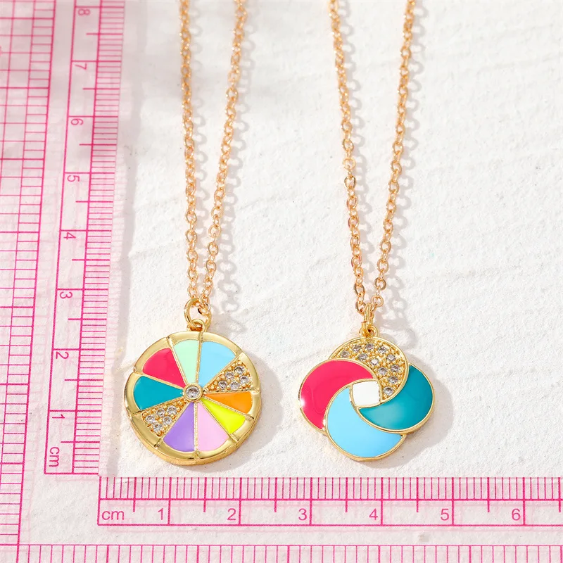 1PC Enamel Zircon Windmill Pendant Necklace For Women Trendy Colorful Round Oranges Pendant Necklace Chain Choker Jewelry XN23