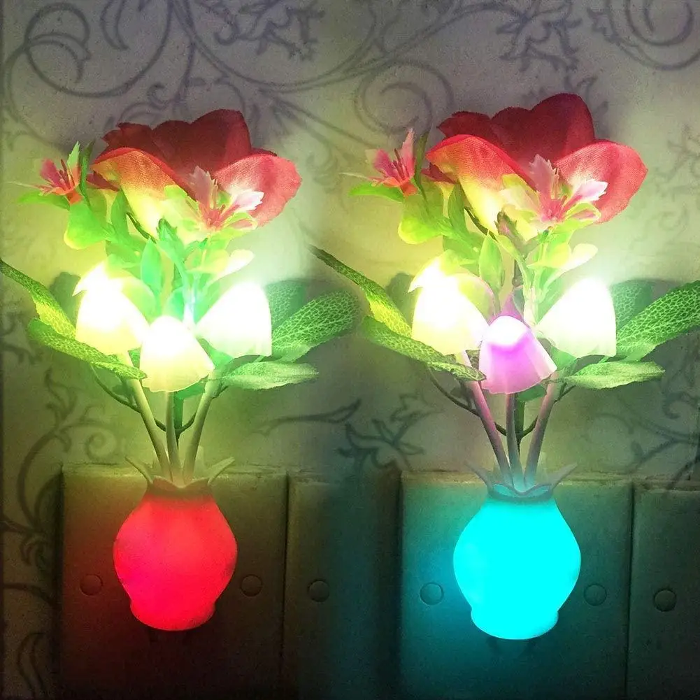 Lampu malam jamur LED colokan, 1 buah lampu malam jamur bunga mawar berubah warna dengan Sensor untuk anak-anak Dewasa kamar tidur