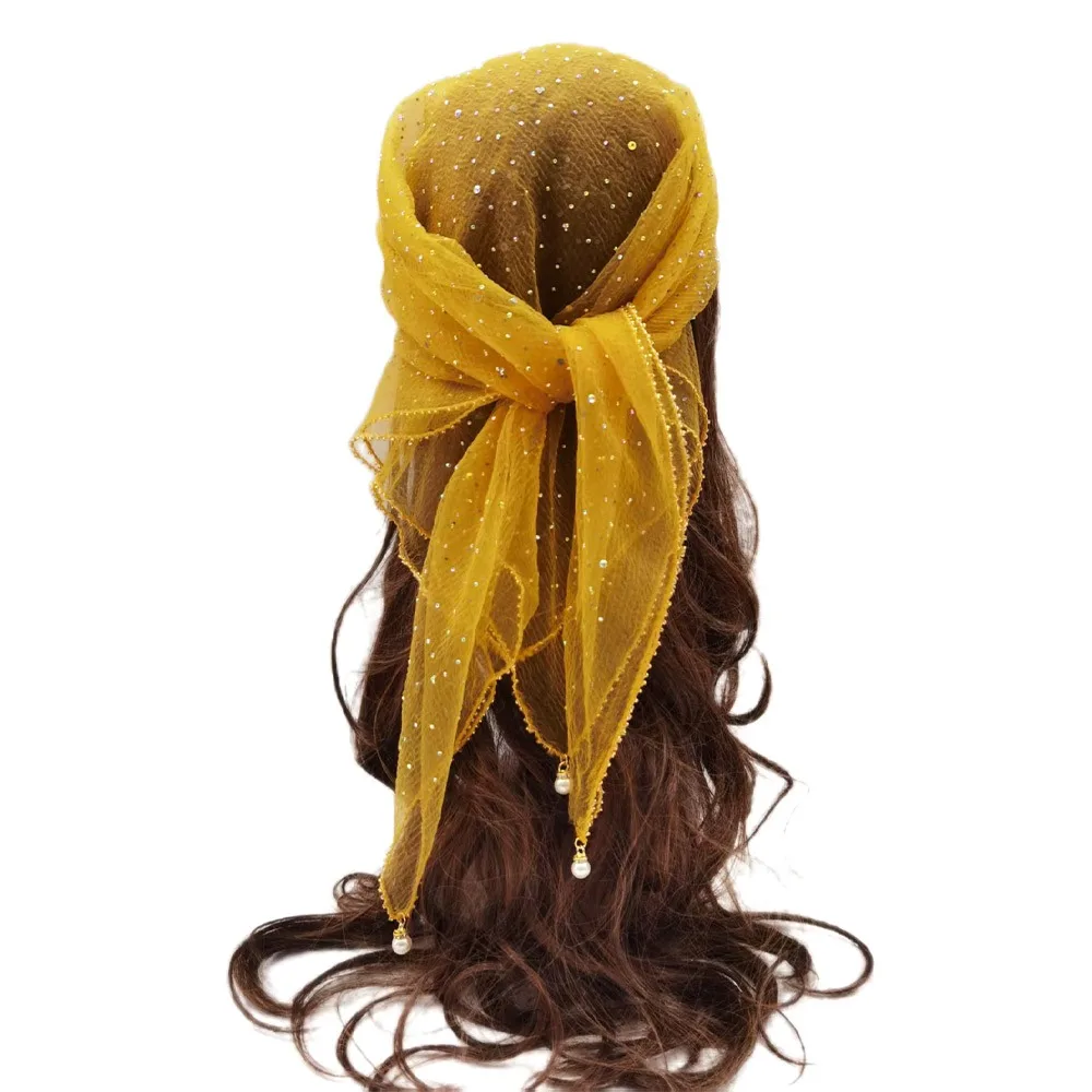 

Fashion Pearl Tassel Diamond Hijab Rhinestone Square Pearl Tassel Scarf Thin Veil Full Sky Turban Hair Accessory
