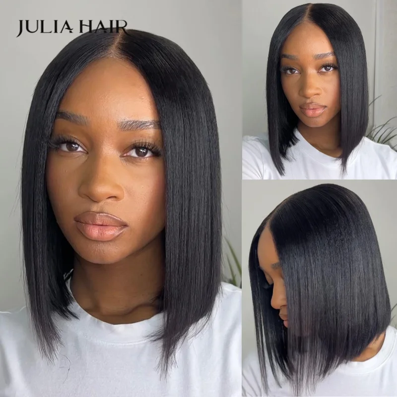 

Julia Hair Yaki Straight Short BOB Human Hair Wig Pre Bleached Tiny Knots 7x5 Bob Wig Human Hair Pre Pucked Glueless Wig