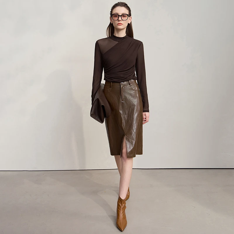 AMII تي شيرت حريمي 2025 خريف جديد س الرقبة سليم تنوعا سيدة محبوك القمم كم طويل مثير انظر من خلال شبكة تي شيرت 12543162