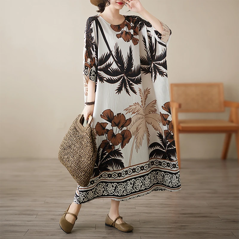 NYFS 2025 فساتين نسائية صيفية جديدة Vestidos رداء Ete فام Elbise فضفاضة قصيرة الأكمام القطن الكتان القطن الكتان طباعة فستان طويل