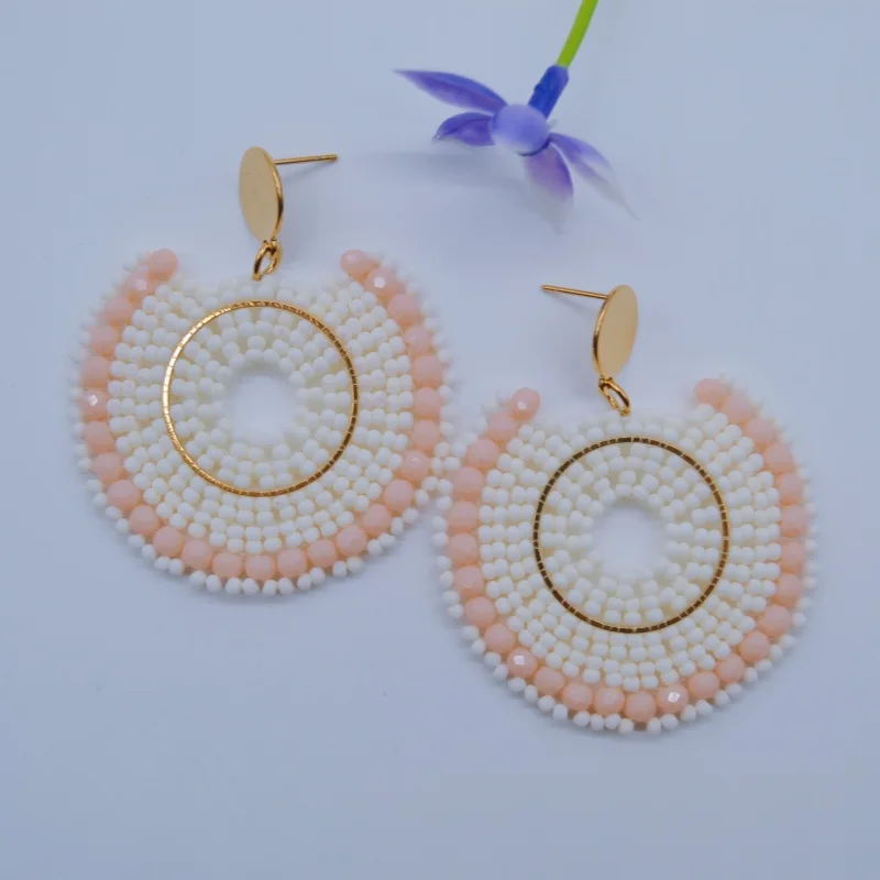 Rice bead earrings Crystal Roundness Hollow out Originality Hand knitting Bohemia Alloy Fashion Simple Beaded earrings image 3