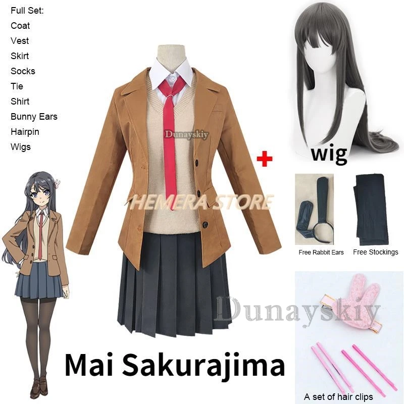 Anime Sakurajima Mai Cosplay Kostuum Rascal Droomt Niet Van Konijnenmeisje Senpai Mai Sakurajima Cosplay Pruik Konijnenoren Hoofddeksels