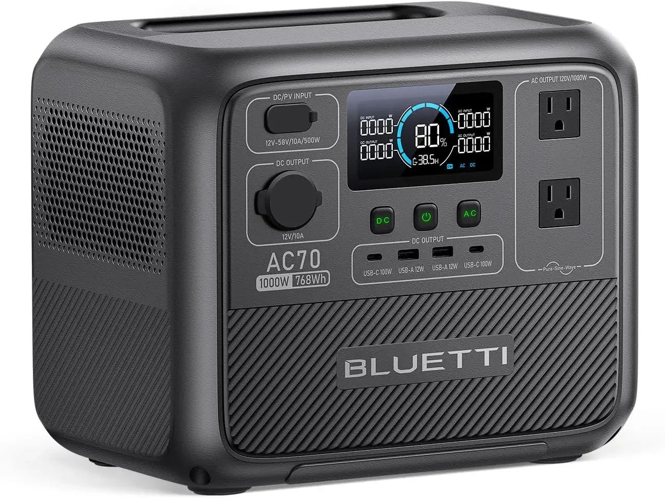 AC70 Portable Power Station, 768Wh LiFePO4 Battery Backup w/ 2 1000W AC Outlets (Power Lifting 2000W), Solar Generator