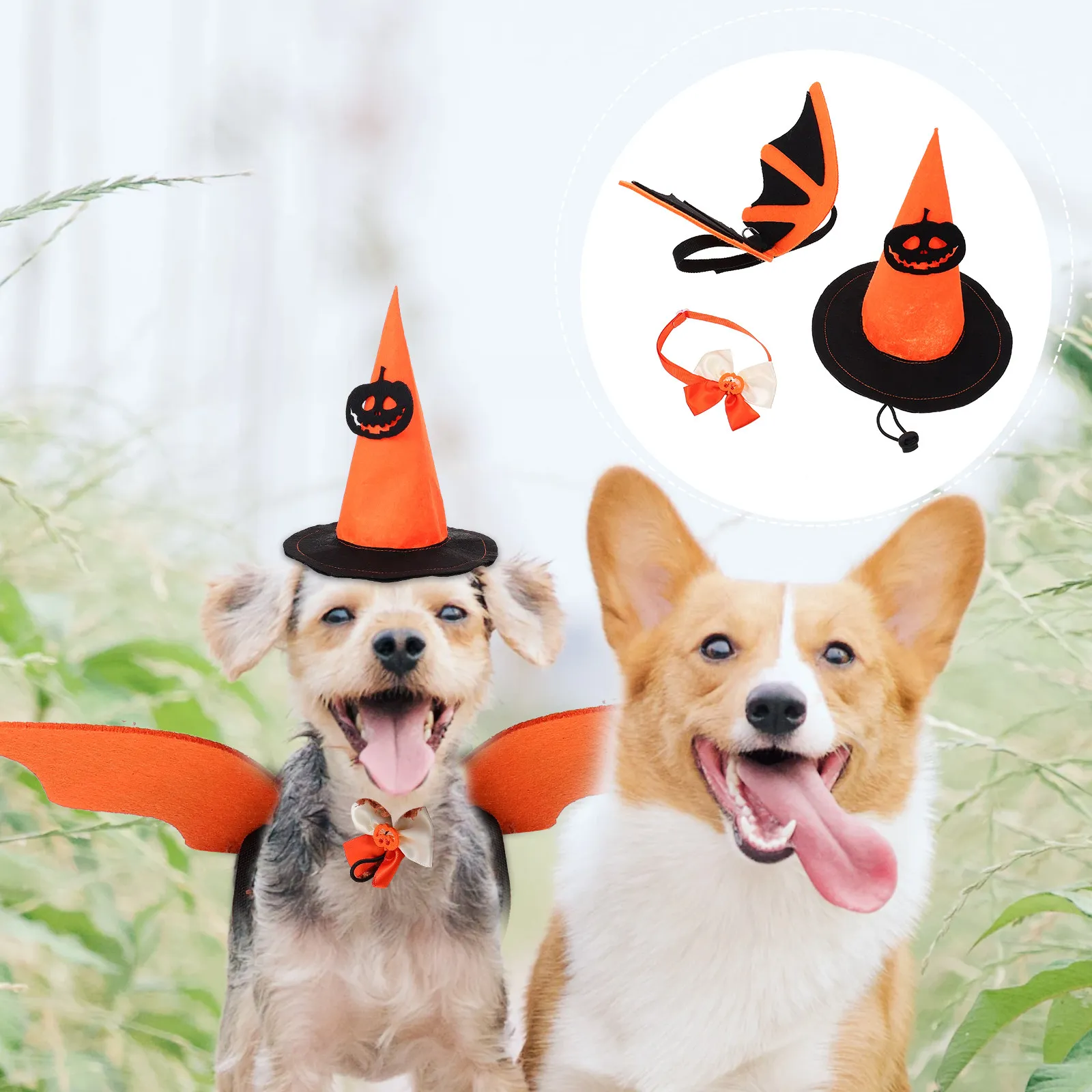 Halloween Dog Cat Costume Set with Bat Wings & Pumpkin Hat – Cute Warm Adjustable Nonwoven Pet Outfit for Parties