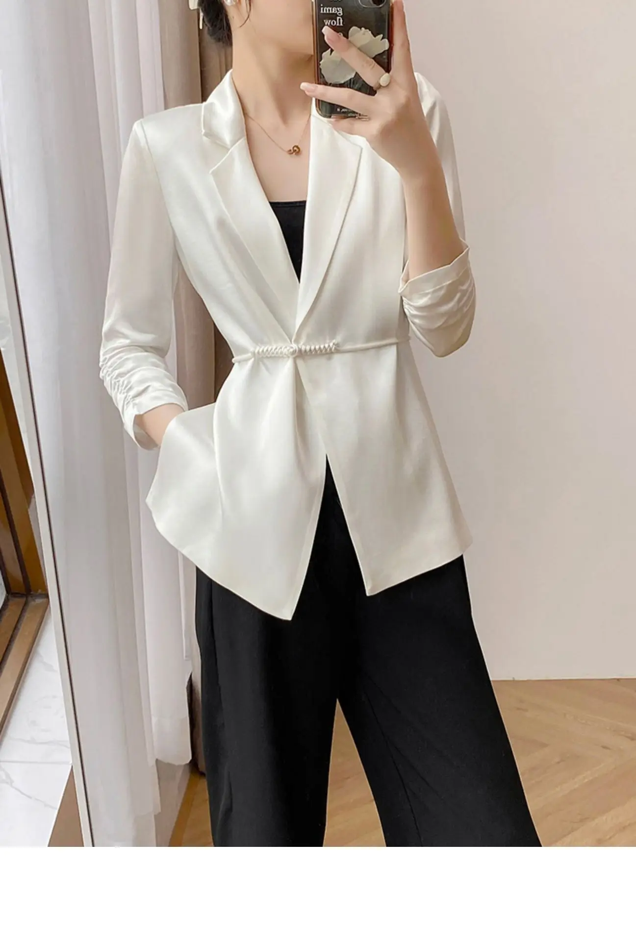 Women's Jacket Spring & Fall New Chinoiserie Commuter Clothing Fashionable and Elegant White Casual Suit Satin Acetate Fabric One-Button Black Three-Quarter Sleeve Suit Jacket