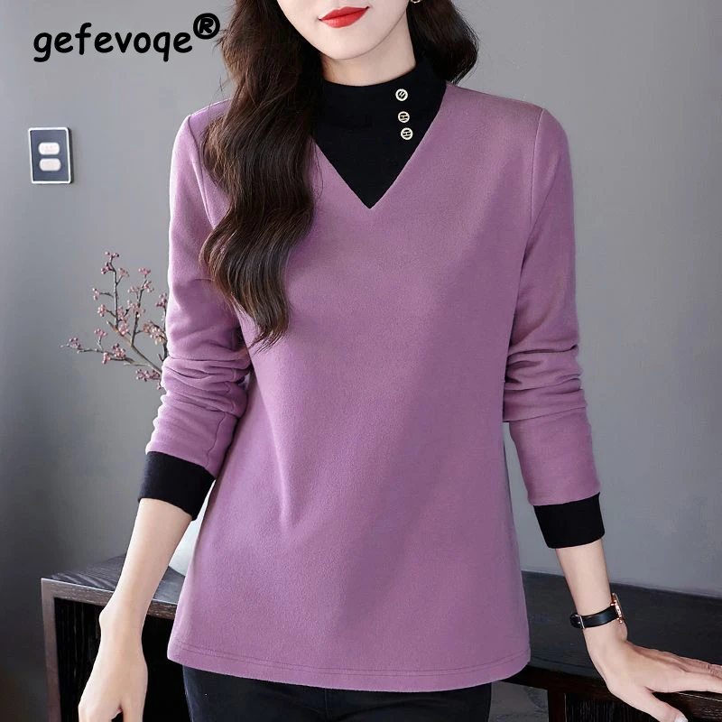 2023 Autumn Winter Women Korean Fashion Patchwork Fleece Warm Basic T Shirt Ladies Elegant Long Sleeve Loose Tops Ropa De Mujer