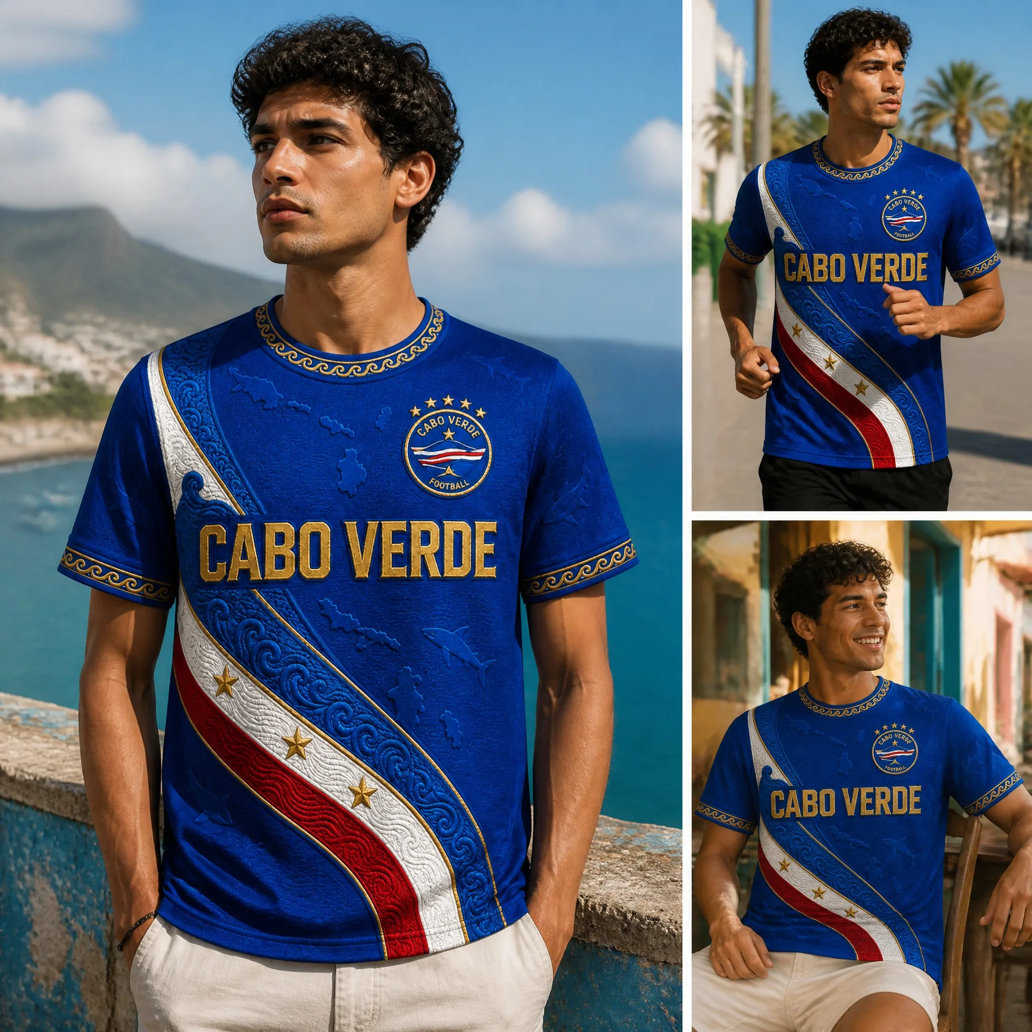Mens Cabo Verde Crew Neck T Shirt Blue Circle Football Wave Print Short Sleeve Casual Top Coastal Vacation Summer Style Vacation
