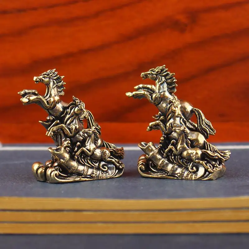 Vintage Antiqued Solid Brass Galloping Horses Statue Feng Shui Chinese Figurine Retro Desktop Office Decor Collectible Ornament