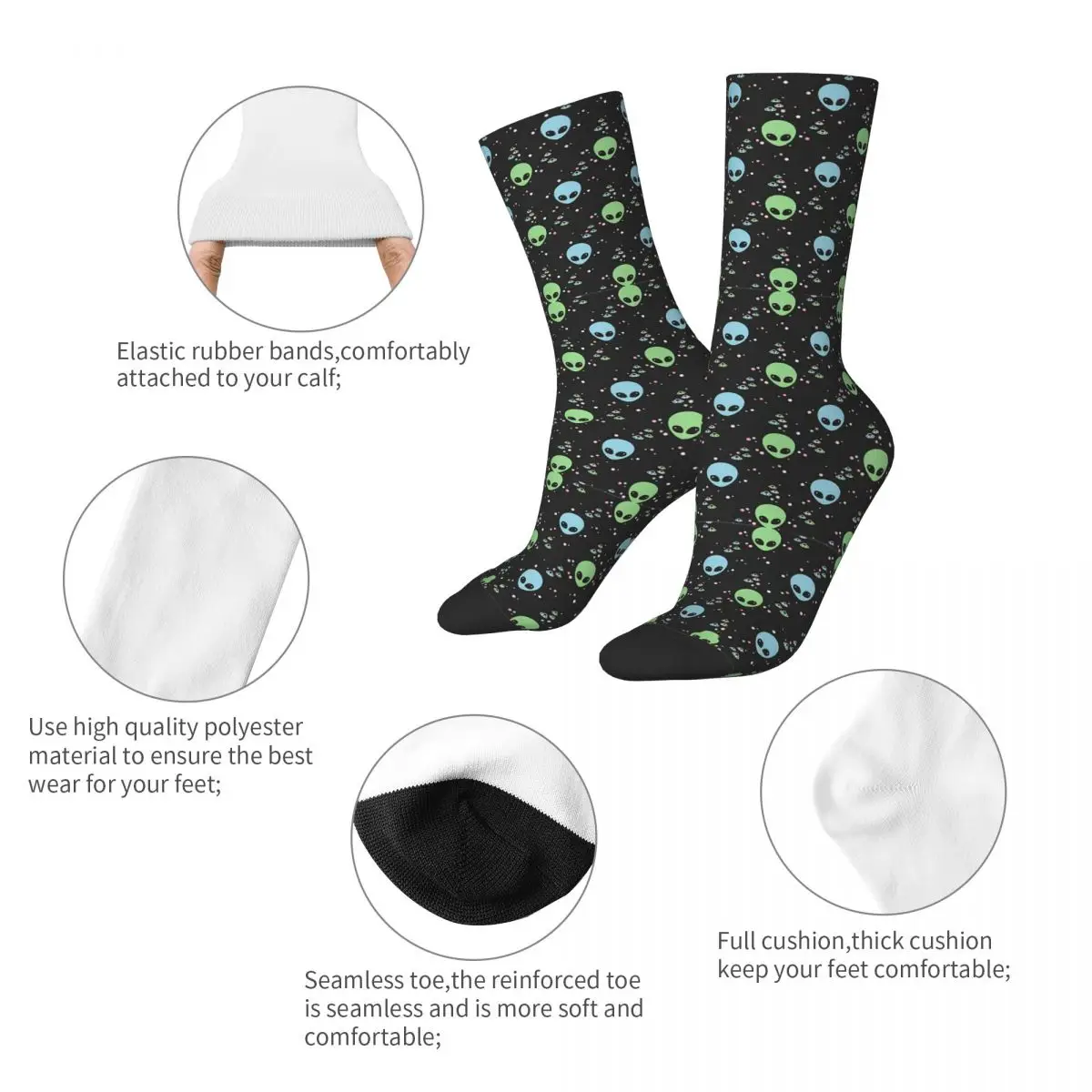 Hip Hop Retro Green Blue Alien Heads With UFOs Crazy Men\'s Socks Unisex Harajuku Pattern Print Funny Novelty Crew Sock Boys Gift