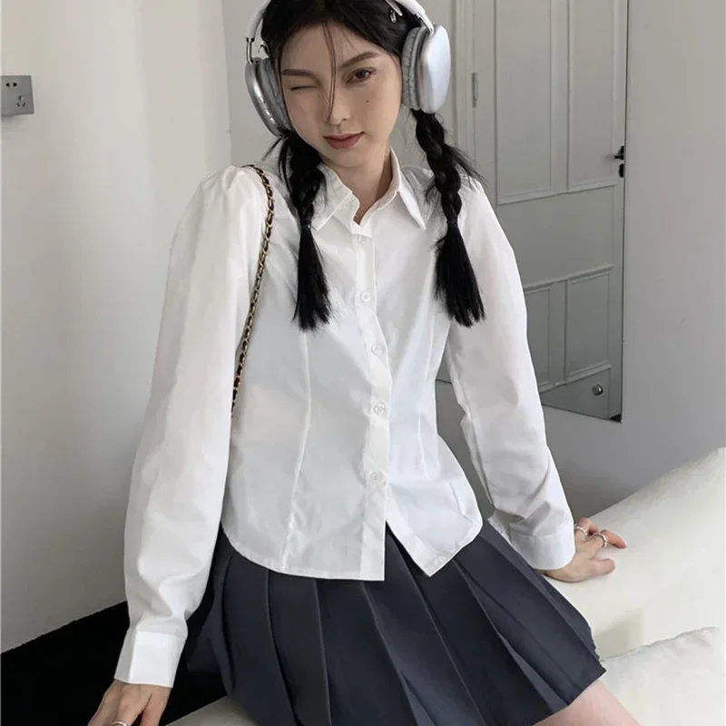 

College Style Y2k White Shirt Women 2025 Chic Turn Down Collar Cropped Blouse Woman Korean Long Sleeve Slim Shirts Female