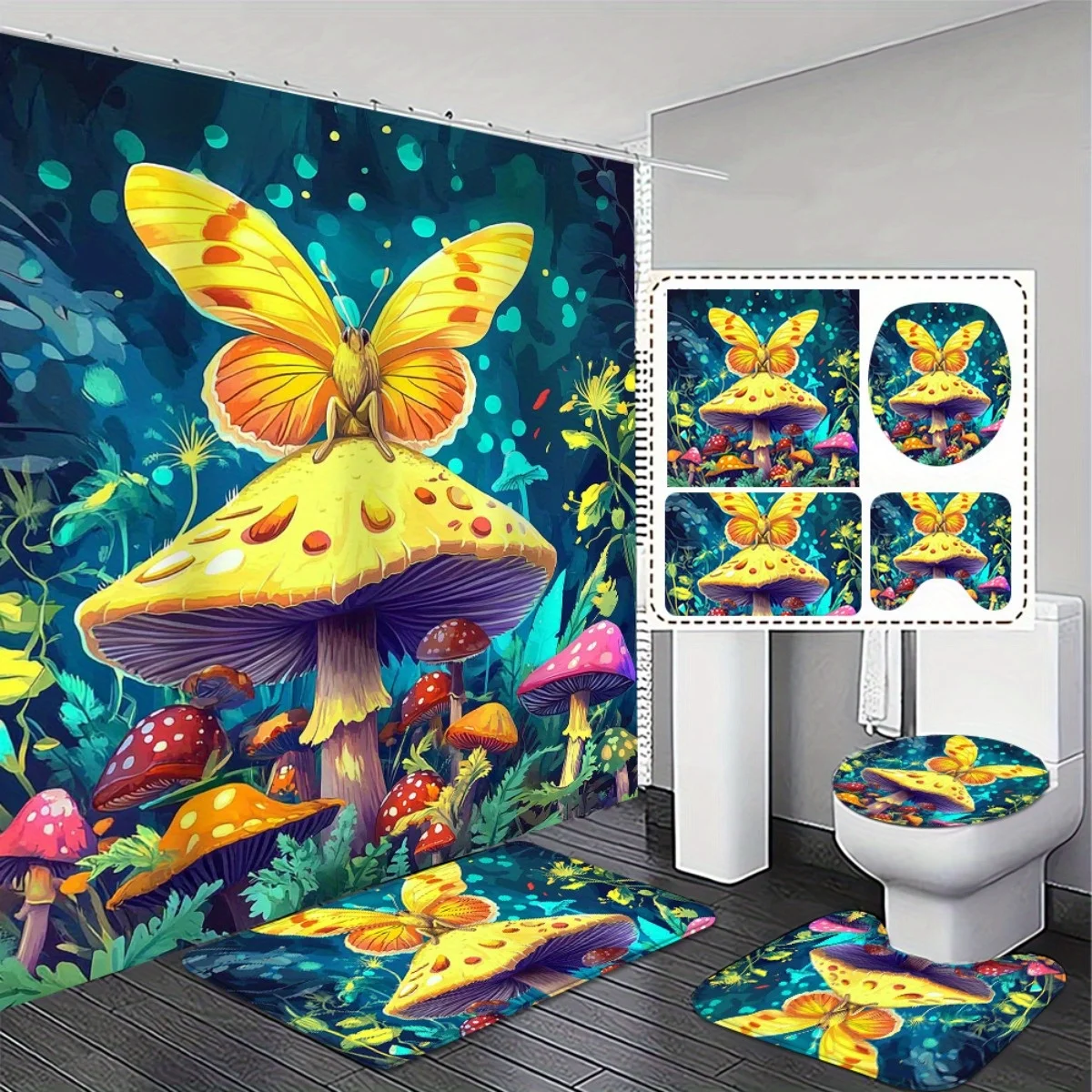 

4 шт., свежий и удобный, Новое поступление, набор для ванной комнаты с зачарованными лесными грибами и бабочками - высококачественная занавеска для душа